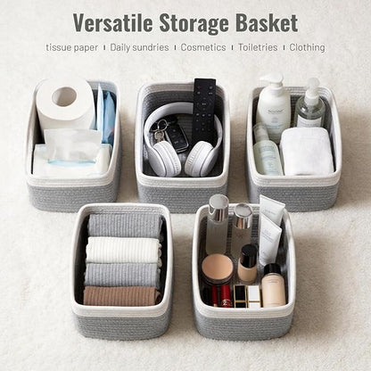 5 Pack Decorative Small Storage Baskets for Shelves, Cotton Rope Woven Basket for Organizing Bathroom, Nursery, Closet, Cabinet, Toys & Socks, Gift Baskets Empty, 11.8"x7.9"x4.7", Gray/White