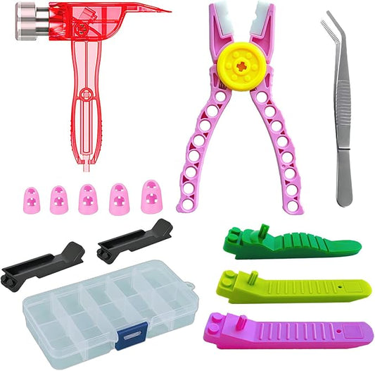 Building Blocks Tool Kit Brick Separator Tools Compatible with Lego &Technic Mini Blocks Tool Set Multi-Functional Hammer Pliers Tweezers Finger Protectors with Tin Box (Pink)