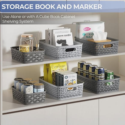 3 Pack Small Plastic Basket, Storage Bin Baskets for Organizing, Pantry Organizer Household Wicker Storage for Laundry Room, Bedrooms, Kitchens, Cabinets, Countertops, Dark Gray