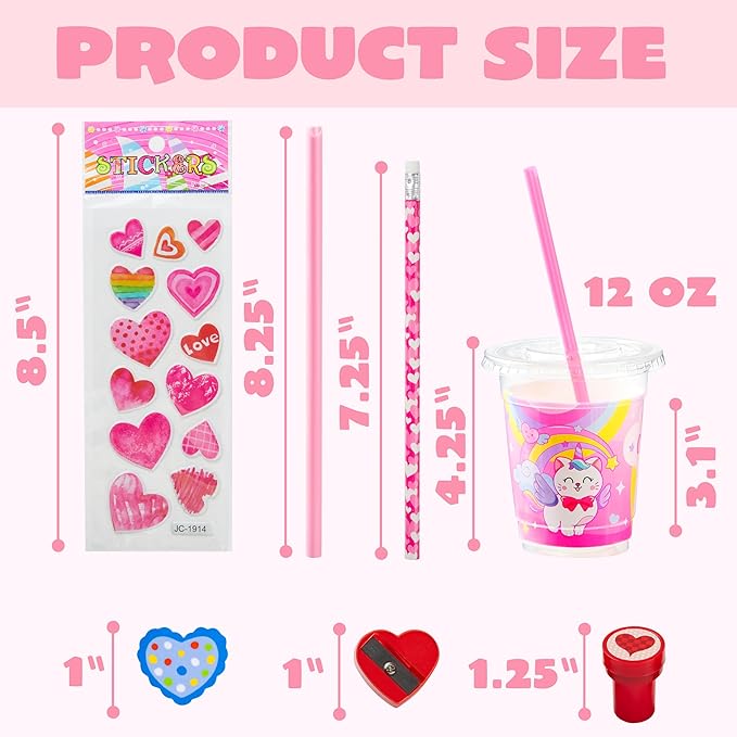 JOYIN 28 Packs Valentine's Day Stationery with Cup and Card, Exchange Gift for Kids with Pencils Stickers Erasers Stampers Sharpener, Holiday Reward Prizes