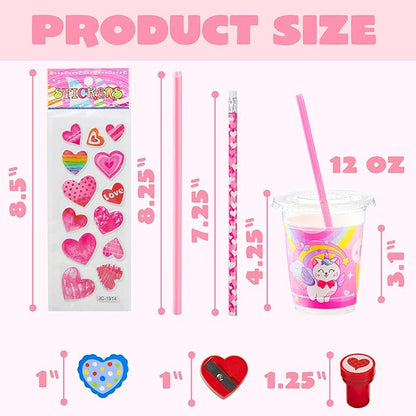 JOYIN 28 Packs Valentine's Day Stationery with Cup and Card, Exchange Gift for Kids with Pencils Stickers Erasers Stampers Sharpener, Holiday Reward Prizes