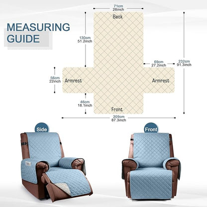 KinCam 100% Waterproof Recliner Chair Cover, Reclining Couch Covers for Pets, Dogs, Recliner Couch Slipcover Furniture Protector with Elastic Straps for Kids(28", Light Blue)