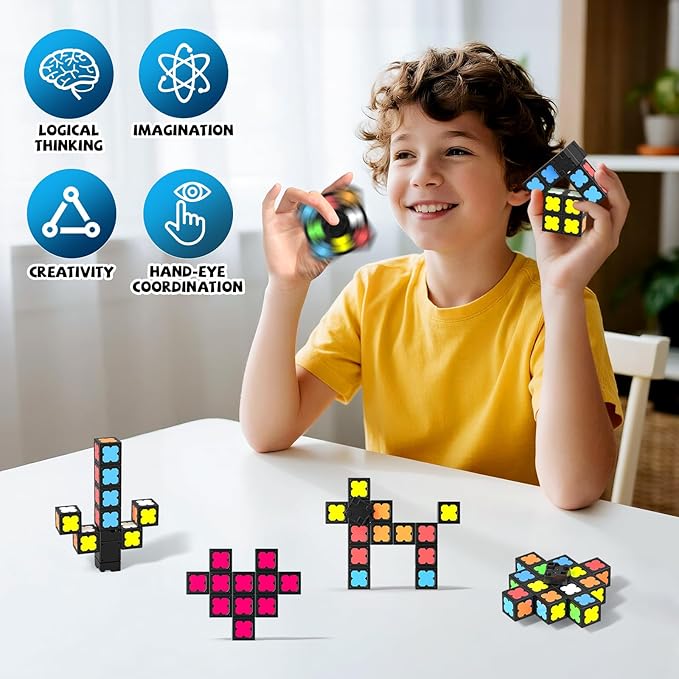 Magnetic Fidget Spinner Mini-13 Blocks, Glow Magnet Cube & Transformable Fidget Spinner & Infinity Cube & 2x2x2 Cube-4 in 1 Toy, STEM Magnetic Tiles Stress Relief Sensory Gift for Kid Boy Girl Adult