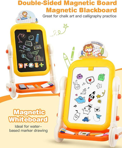 Kids Art Easel for Toddler 3-8, 4 in 1 Standing Rotatable Drawing Board with Painting Accessories, Large Magnetic Child White Board & Chalkboard Learning Educational Toy for Boys Girls Gift with Case