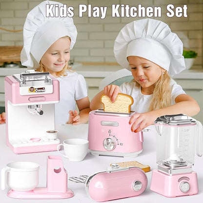Pretend Play Kitchen Appliances Toy Set with Realistic Coffee Maker Machine, Toaster, Mixer and Blender, Kids Kitchen Playset with Sound & Light for Kids Age 3–5 4-8