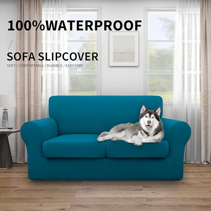Easy-Going 100% Dual Waterproof Loveseat Cover Stretch Soft Couch Cover for Dogs, Sofa Slipcover for 2 Separate Cushion Couch Leakproof Furniture Protector for Kids, Pets Peacock Blue