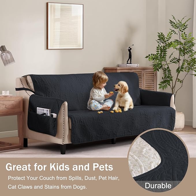 Soft Quilted Couch Cover, Medallion Designed Anti-Slip Blue Gray Sofa Slipcovers for 3 Cushion, Pet Friendly Sofa Cover for Dogs Cats Water-Repellent Washable (Large Sofa 68", Blue Gray)