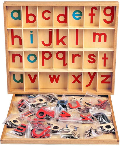 Montessori Letter Work Learning Materials Wooden Small moveable Alphabet Language Objects with Box (Red & Blue)