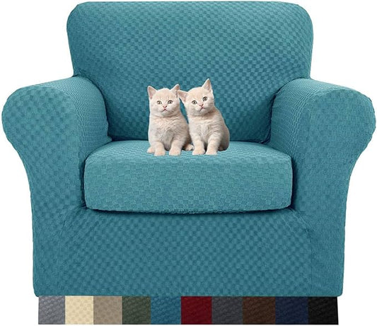 MAXIJIN 2 Piece Jacquard Chair Covers with Arms Super Stretch Non Slip Chair Slipcover for Living Room Dogs Pet Friendly Elastic Sofa Couch Protector Armchair Cover (Chair, Peacock Blue)