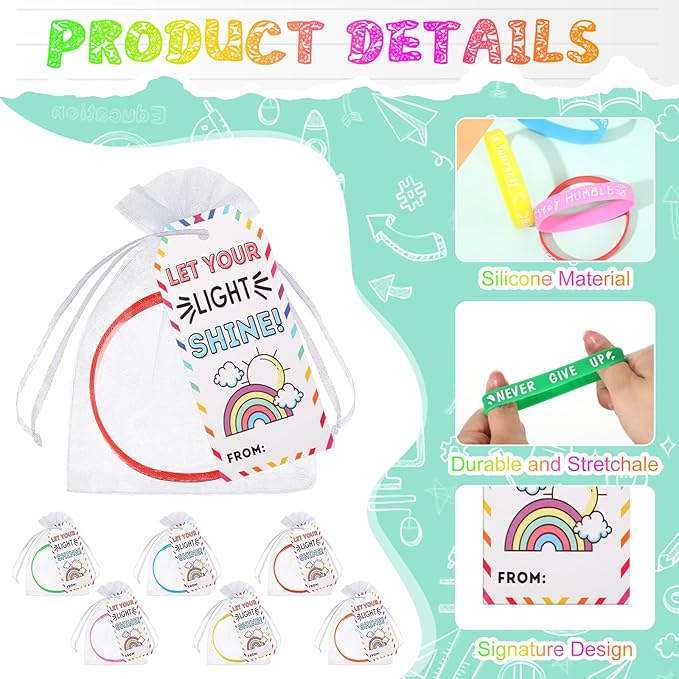 Liliful 72 Pcs Motivational Wristbands Gifts Set for Students, Back to School Gifts Colored Inspirational Silicone Bracelets with Inspirational Cards Organza Bags Classroom Goodie Bag Fillers