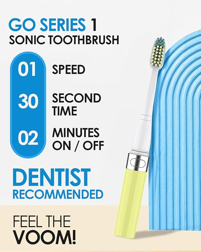 Voom Sonic Go 1 Series Travel Electric Toothbrush | Travel Toothbrushes - Battery Operated Toothbrush for Adults & Kids, Dentist Recommended Toothbrush, Portable w/ 2 Minute Timer (Yellow)