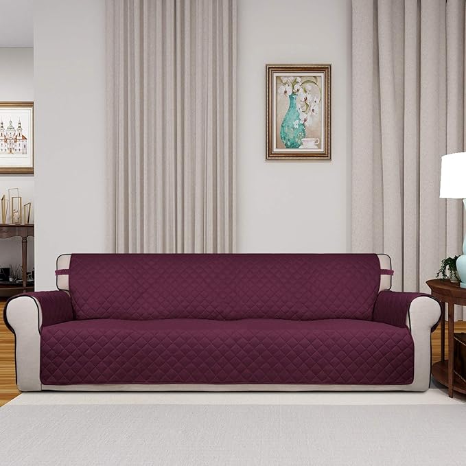 PureFit Reversible Quilted Sofa Cover, Water Resistant Slipcover Furniture Protector, Washable Couch Cover with Non Slip and Elastic Straps for Kids, Dogs, Pets (XX Large, Wine/Beige)