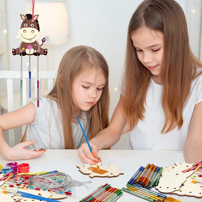 Fennoral 8 Pack Wind Chime Kit for Kids Make Your Own Horse Head Wind Chime Wooden Arts and Crafts for Girls Boys Ornaments DIY Coloring Horse Craft for Art Activity Birthday Party Supplies