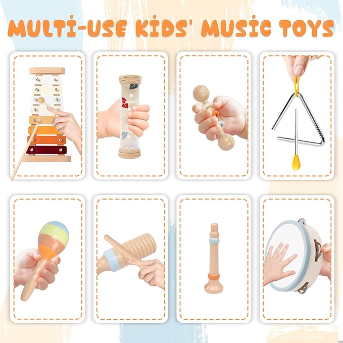 Baby Musical Instruments Sets, Montessori Wooden Percussion Educational Musical Toys for Toddlers, Xylophone Preschool Learning Activities Birthday Gifts for Boys Girls