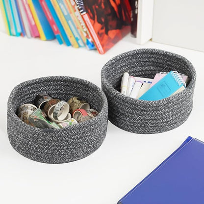 Small Basket, Set of 3 Small Woven Basket, Rope Baskets for Gifts, Cute Mini Tiny Baskets for Organizing Decor Nursery, Decorative Boho Round Storage Basket Bathroom Organization Bin (Grey)