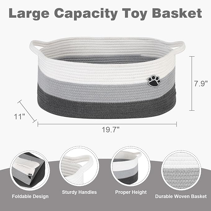Optish Dog Toy Basket, Toy Box and Bin for Dog Cat Storage, 19.7" X 11" X 7.9" (30L) Large Woven Basket for Blanket Storage, Rope Baskets for Living Room, Bedroom, White & Grey