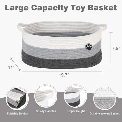 Optish Dog Toy Basket, Toy Box and Bin for Dog Cat Storage, 19.7" X 11" X 7.9" (30L) Large Woven Basket for Blanket Storage, Rope Baskets for Living Room, Bedroom, White & Grey
