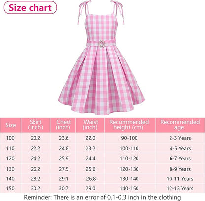 Girls Pink Costume Dress Movie Heroine Cosplay Outfit Gingham Dress for Kids Party Birthday Dress Up