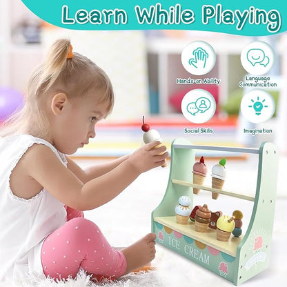 Wooden Ice Cream Play Set, Ice Cream Shop Playset for Skills Development, Ice Cream Toy,Ice Cream Play Set, Ice Cream Toy for Toddlers 3 4 5 6, for Girls and Boys