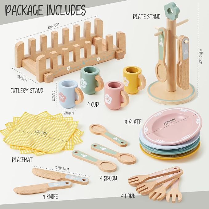 Toyssa Wooden Play Kitchen Accessories Montessori Toys for Toddlers 3-5, Play Dishes for Kids Kitchen with Realistic Dishes & Plates & Tableware, Christmas Birthday Gifts for 3 4 5 6 Years Girls Boys