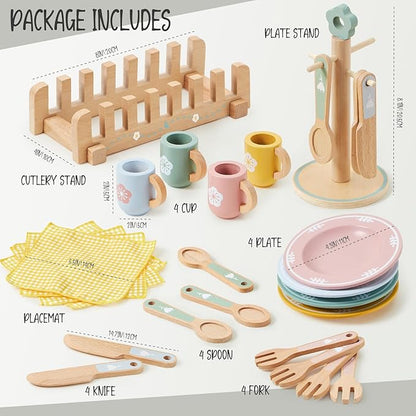 Toyssa Wooden Play Kitchen Accessories Montessori Toys for Toddlers 3-5, Play Dishes for Kids Kitchen with Realistic Dishes & Plates & Tableware, Christmas Birthday Gifts for 3 4 5 6 Years Girls Boys