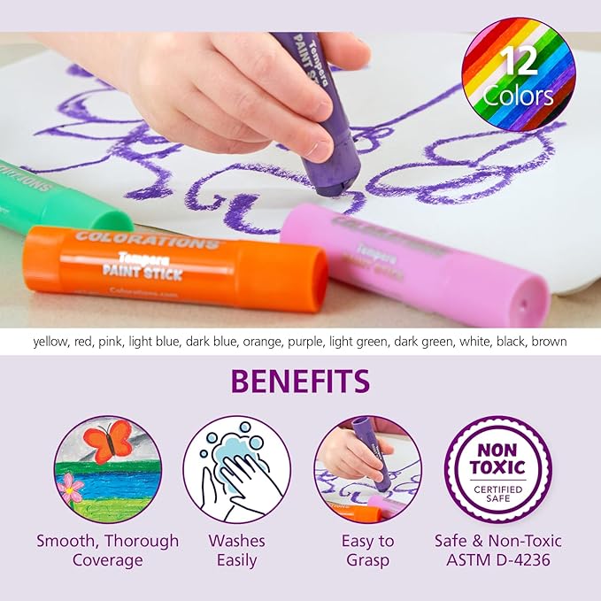 Colorations Tempera Paint Sticks, 144 Pcs, 12 Colors, Non-Toxic, Mess-Free Art Supplies for Kids, Bulk Set for the Classroom