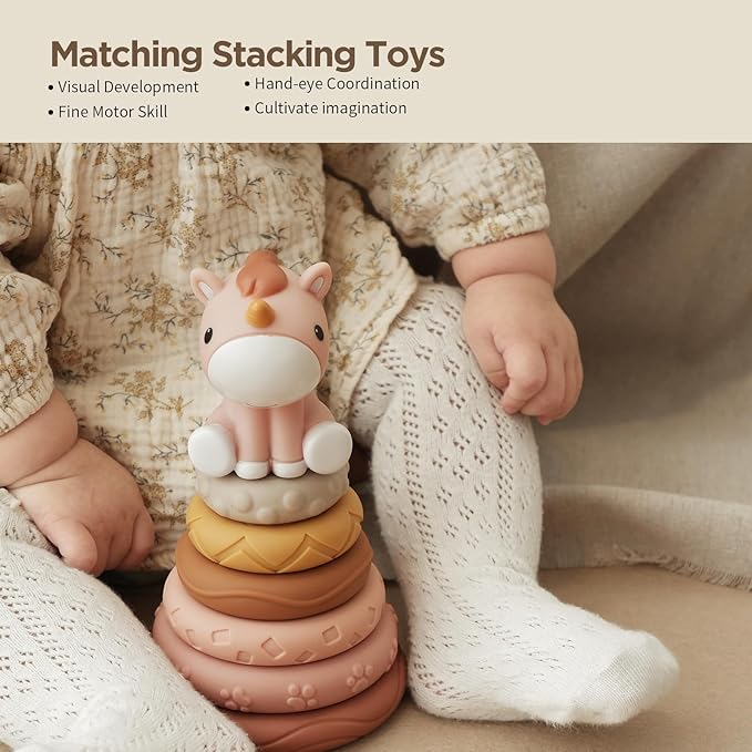 Nueplay 7 Pcs Stacking & Nesting Baby Toys, Squeeze Teething Baby Toys and Building Circle with Pink Horse Figure, Newborn Essentials for 6 12 18 Months Baby Toddler Girls