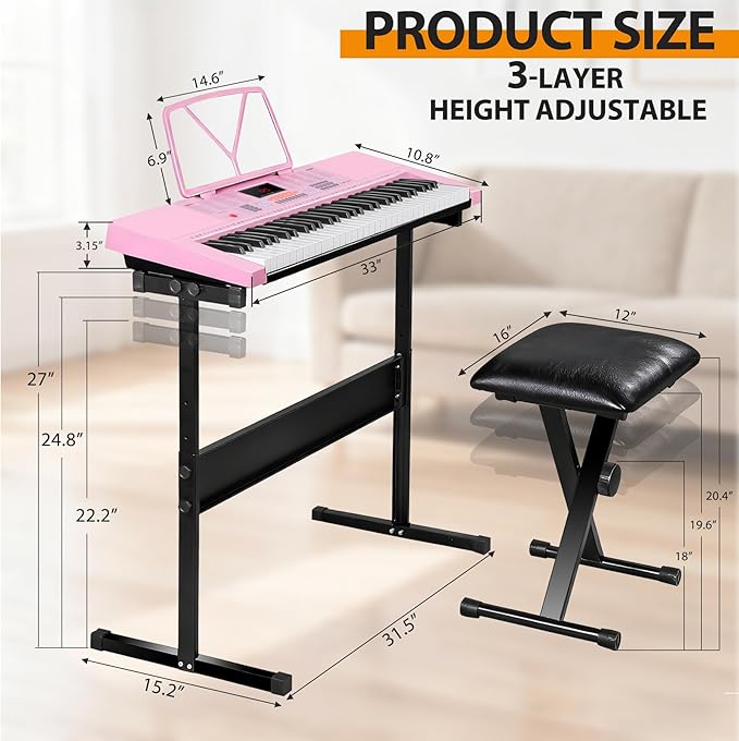 Smartxchoices 61-Key Electronic Keyboard Piano Stand Portable LED Display Keyboard Kit with Adjustable Stand, Adjustable Stool, Headphones, Microphone & Music Rest, Pink