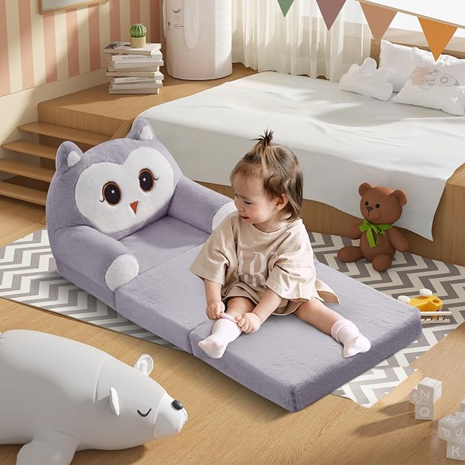 Kids Sofa Chair for Toddler, 2-in-1 Folding Soft Baby Couch with Removable Cover, Comfy Plush Children's Recliner, Convertible Floor Sofa Bed to Lounger for Girls Boys Age 1-3,Owls Grey