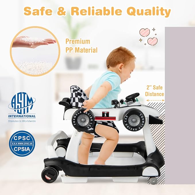 GLACER Foldable Baby Walker, 4-in-1 Infant Walker with Adjustable Height & Speed, Music, Light, Steering Wheel & Washable Cushion, Baby Walker Activity Center for Boys Girls 6 –18 Months (White)