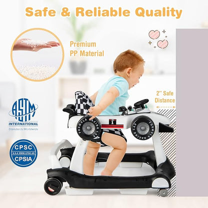 GLACER Foldable Baby Walker, 4-in-1 Infant Walker with Adjustable Height & Speed, Music, Light, Steering Wheel & Washable Cushion, Baby Walker Activity Center for Boys Girls 6 –18 Months (White)
