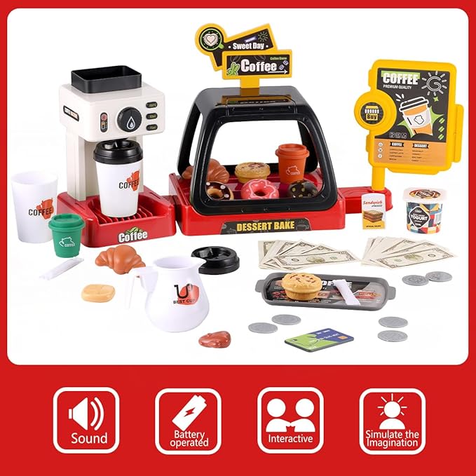GAGAKU Toy Coffee Maker Machine and Cash Register Kit with Sound Light Kids Kitchen Pretend Play Sets Kitchen Appliances Toy for Boys Girls-Red