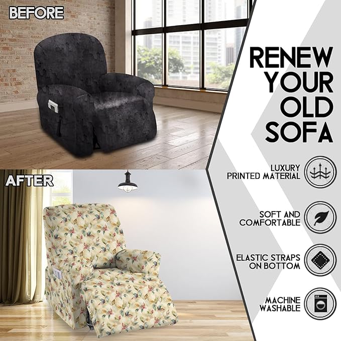 CRFATOP Printed Recliner Slipcover Stretch Reclining Chair Covers 4 Pieces Non Slip Recliner Sofa Slipcovers with Pocket Fitted Sofa Couch Cover Lazy Boy Chair Cover for Pet Kid Living Room,06