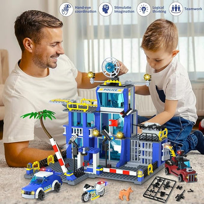 HOGOKIDS City Police Station Building Toys with LED Light - 734pcs Police Building Block Sets with Helicopter Police Motorcycle Vehicle Armored Car, Police Playset Gift for Kids Boys Girls Age 8-12+
