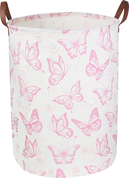 CLOCOR Pink Laundry Basket,Waterproof Nursery Hamper for Baby Girl ,Collapsible Storage Baskets for Girls Bedroom,Kids Toys Storage Bin,Room Decor,Gift Basket（Pink Butterfly