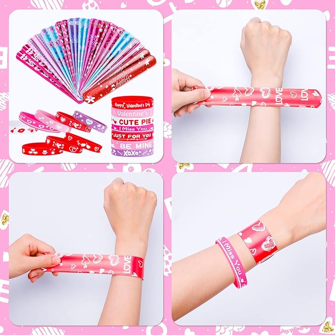 72 Pcs Valentines Slap Bracelets Rubber Bracelets Valentines Party Favors Gifts for Kids School Classroom Goodie Bag Stuffers