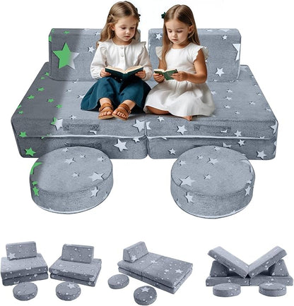 MeMoreCool Modular Glow Star Sofa for Kids, 8-Piece Convertible Foam Couch Play Set for Toddlers, Playroom, and Children