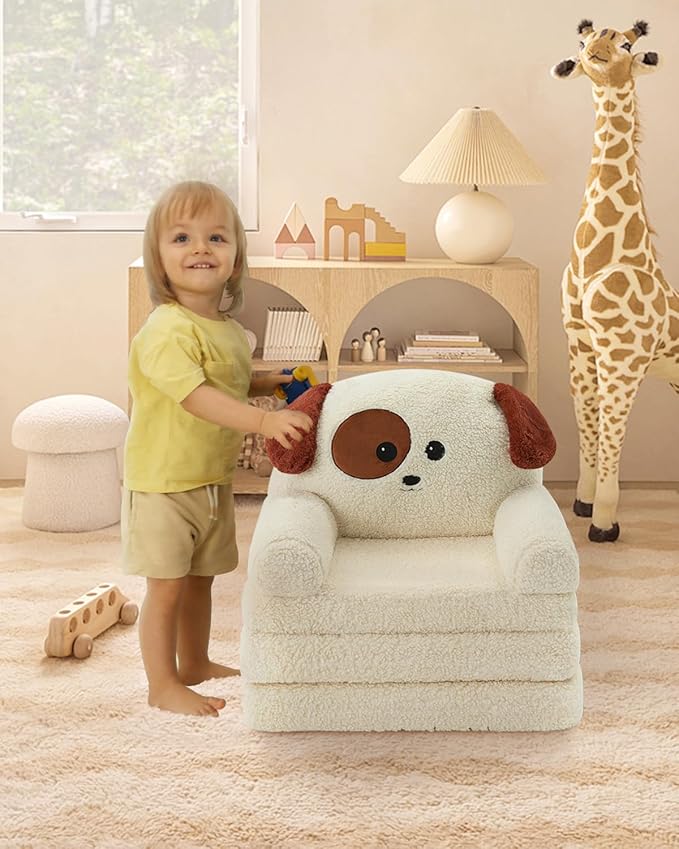 MOONBEEKI Comfy Toddler Chair, Kids Couch Fold Out to Lounger, Foldable Baby Sofa Plush for Girl and Boy Age 18 Months and Up （Charlie Dog）