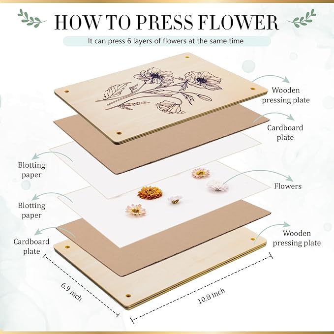 Aboofx Large Flower Press Kit for Adults,10.8"x6.9" 6 Layers Wooden Flower Pressing Kit for Pressed Flowers Herbs Leaf, DIY Flowers Preservation for Bookmark Wedding, Art & Craft Kits Gift for Adult