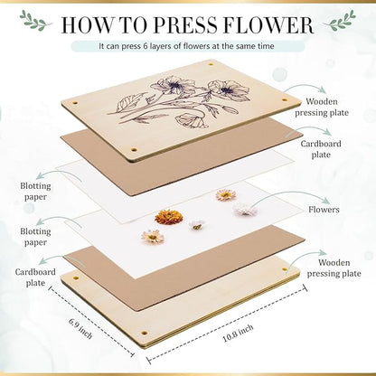 Aboofx Large Flower Press Kit for Adults,10.8"x6.9" 6 Layers Wooden Flower Pressing Kit for Pressed Flowers Herbs Leaf, DIY Flowers Preservation for Bookmark Wedding, Art & Craft Kits Gift for Adult
