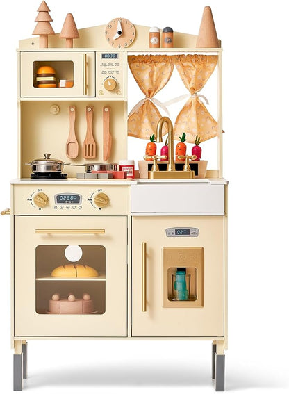 Giant bean Wooden Play Kitchen, Toddler Kitchen Playset, with Microwave Play Sink Ice Maker Oven Cookware Accessories Playset, Pretend Play Food Toys for 3+ Year Old Boys Girls