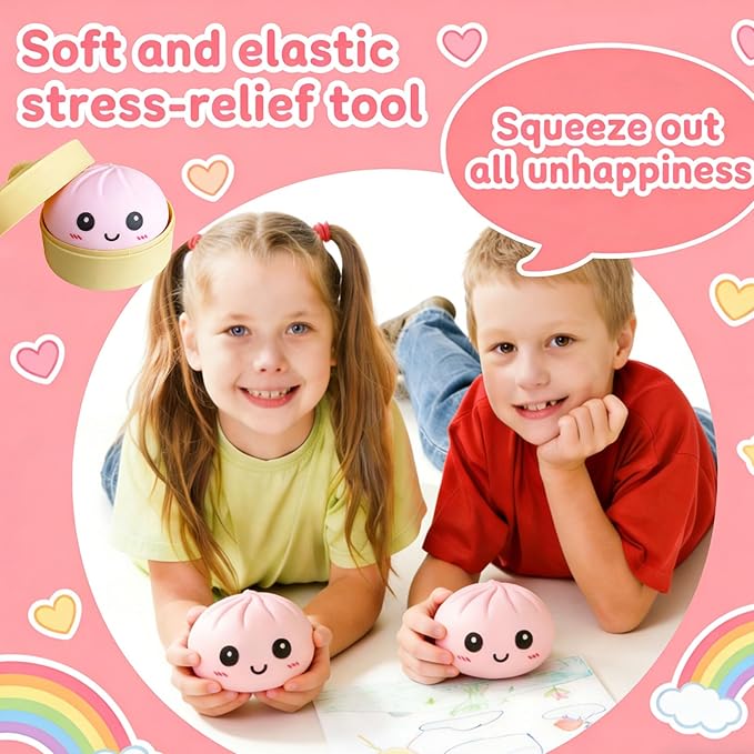 Dumpling Squishy Mystery Box, Super Soft Slow Rising TPR Tear-Resistant Smiley Face Dumpling Toy, Fidget Sensory Toys for Easter Basket Stuffers, Parties, Classroom Prizes Adults Kids（Pink）