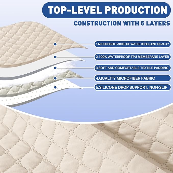 XINEAGE Quilted Sofa Cover Waterproof Couch Covers for 3 Cushion Couch, Super Soft Washable Slipcover with Pockets & Non-Slip Elastic Straps, Thick Furniture Protector (Sofa, Beige)