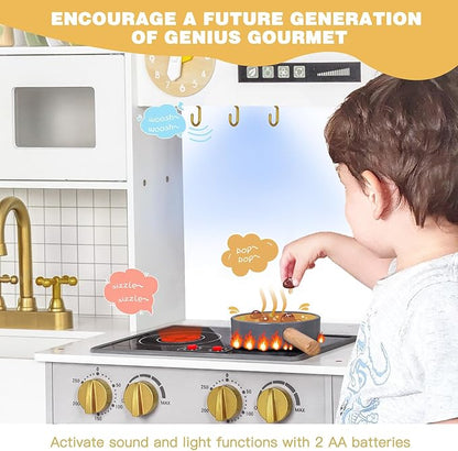 Labebe Wooden Kids Play Kitchen, Toy Kitchen Set with Plenty of Play Features & Cookware, Toddler Kitchen Playset Designed in Trendy Home Style for Boys Girls