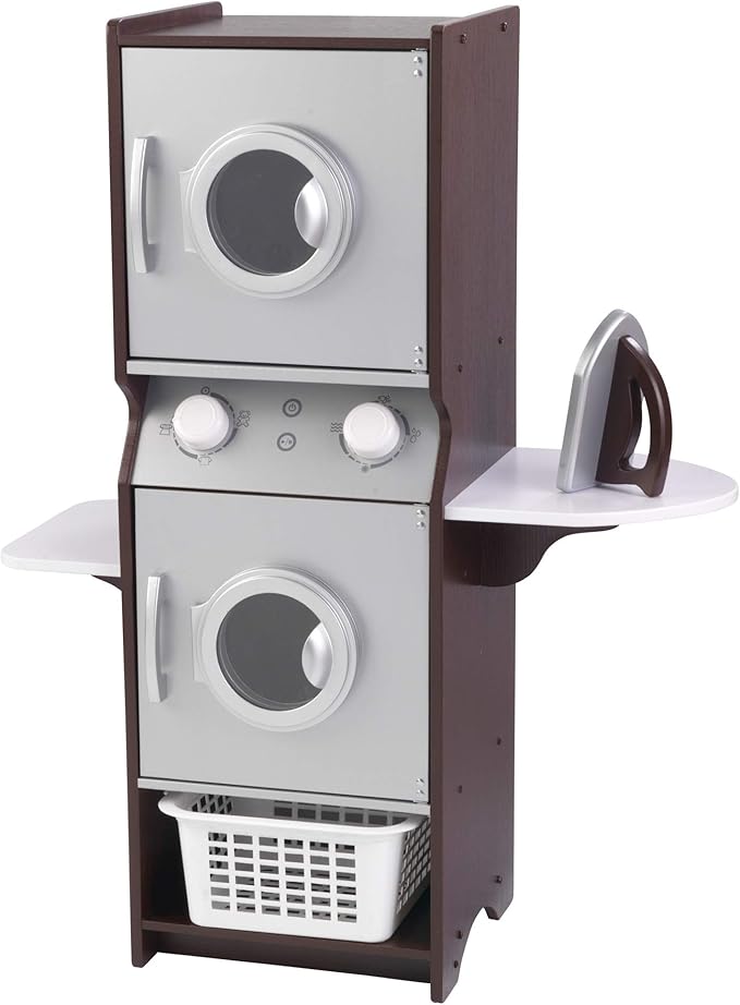 KidKraft Laundry Playset Children's Pretend Wooden Stacking Washer and Dryer Toy with Iron and Basket, Espresso, Gift for Ages 3+