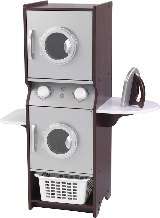KidKraft Laundry Playset Children's Pretend Wooden Stacking Washer and Dryer Toy with Iron and Basket, Espresso, Gift for Ages 3+