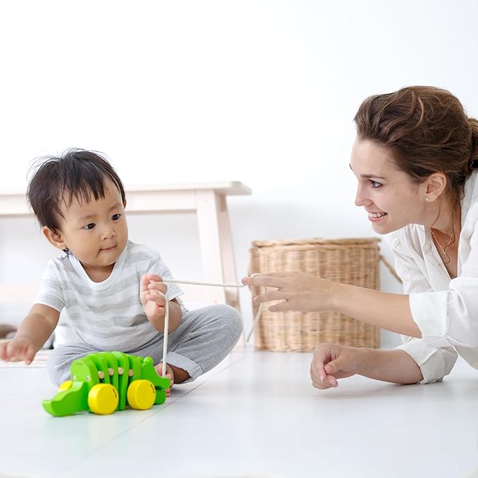 PlanToys® Dancing Alligator Pull Toy for Toddlers | Eco-Friendly Wood Toy with Click-Clack Sound | Walking Toy for Babies