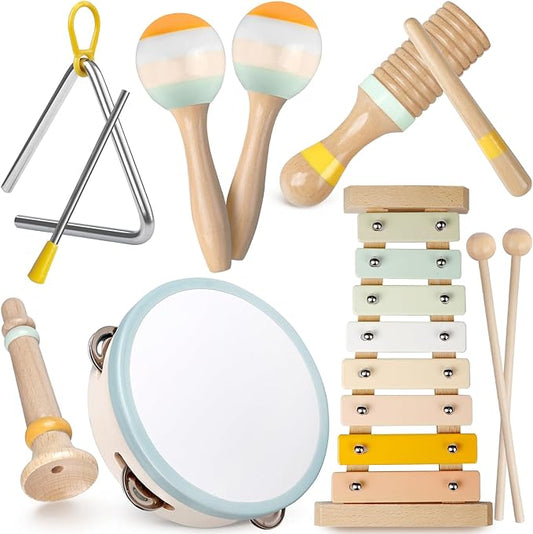 Baby Musical Instruments - Montessori Wooden Musical Toys for Toddlers 1-3, Xylophone Maracas Tambourine Percussion Set, Kids Preschool Music Learning Toys, Educational Birthday Gifts (Neutral)