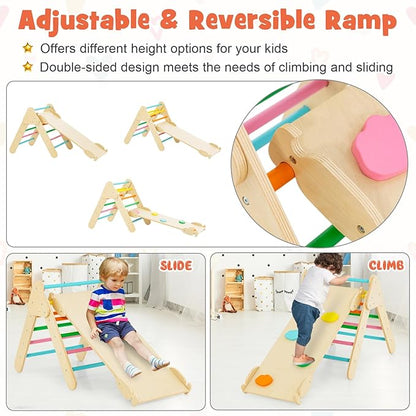 GLACER 5-in-1 Triangular Set of 3, Baby Climbing Toys w/Triangular Climber Arch Ramp Rocker, Indoor Outdoor Playground Wood Climbing Set, Early-Learning Montessori Toys (Colorful)