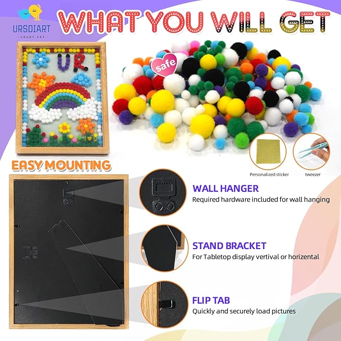 URSDIART Rainbow Pom Poms Craft Supplies, Pom Poms Art Craft Kits for Ages 8-12,6-9,15 Years+, DIY Pom Pom Painting Art Kit,Classroom Easy Crafts for Tweens, Adults,Seniors Creative Projects